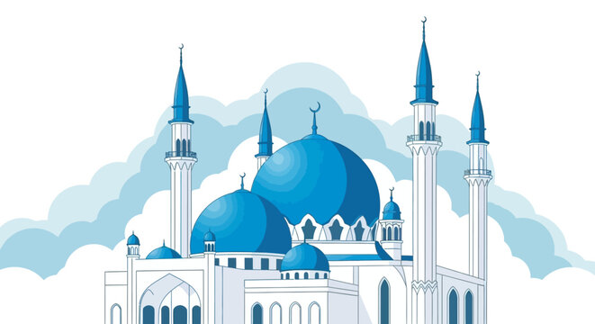 A beautiful illustration of a grand mosque with multiple domes and minarets, set against a backdrop of stylized clouds.