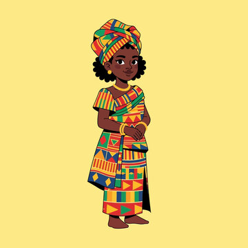African Girl in Traditional Colorful Kente Cloth Attire, Ankara Headwrap