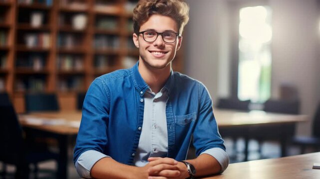 The student is sitting at a desk with books, suggesting he might be studying or reading. The environment is quiet and conducive to learning.