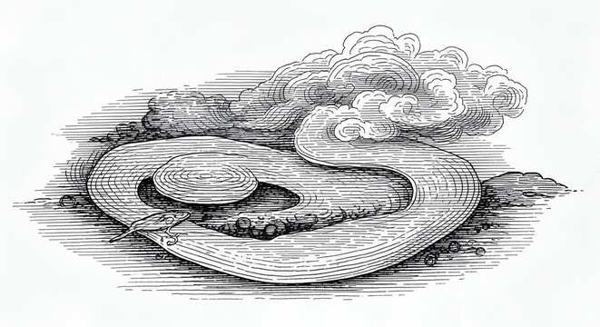 Stylized line art illustration of a coiled snake, detailed scales and textured body, black and white hatching effect, artistic reptile depiction