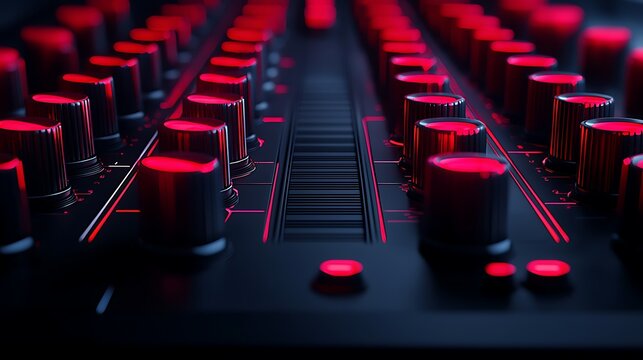 Close up of a DJ mixer console with illuminated red knobs and buttons on a dark background