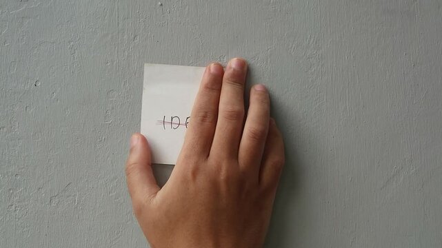 Hand sticking a white post-it sticky note with the word IDEA onto a grey textured wall
