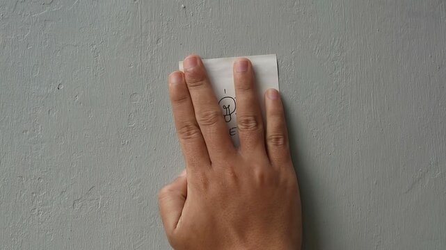 Hand sticking a sticky note with a lightbulb drawing and the word IDEA on a grey wall