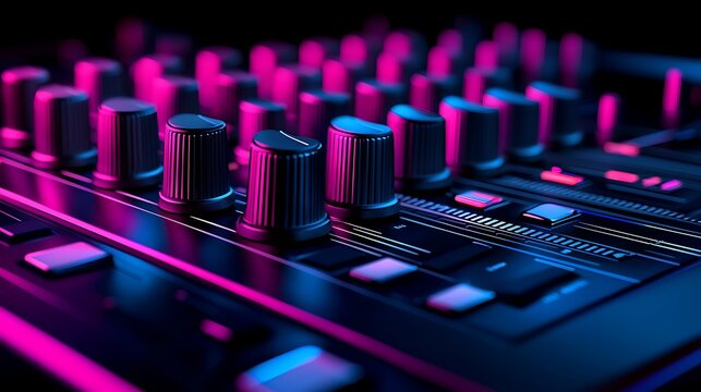 Close-up of a professional audio mixing console with vibrant neon pink and blue lighting creating