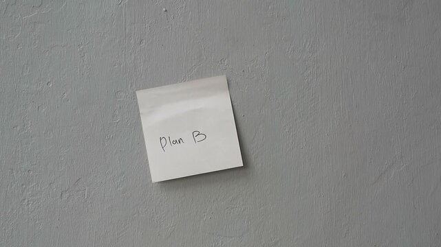 Hand sticking a post-it sticky note with the text Plan B on a wall