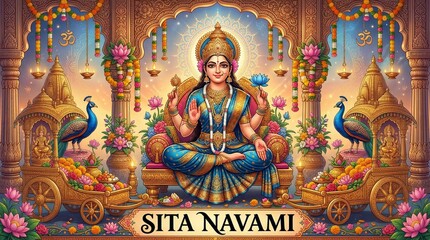 Obraz premium Happy Sita Navami. Sita Navami with the symbol of a plow which represents the birth of Sita. Surrounded with flowers, peacock feathers and a pink lotus. Sita's birth celebration poster