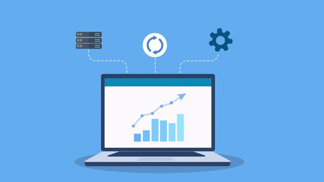 Flat animated video of a laptop displaying rising analytics charts with database, sync, and settings icons, representing data management, synchronization, and system automation.