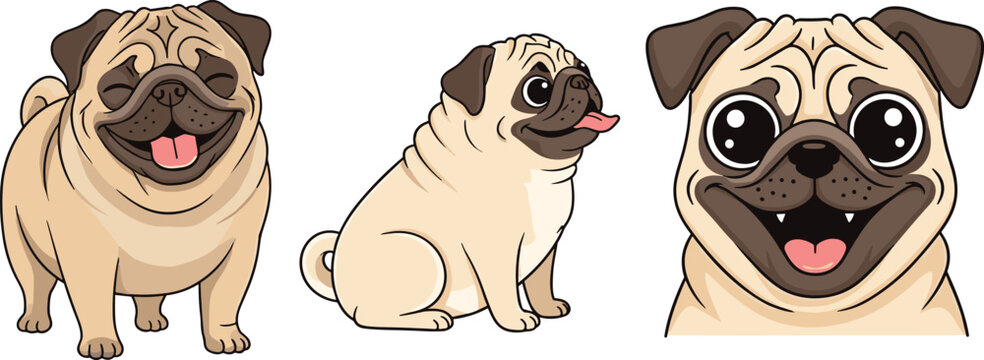 Cute Pug Dog Cartoon Character Set with Funny Puppy Expressions, Adorable Pet Illustrations for Kids Design, Stickers, Mascots, and Animal Graphics