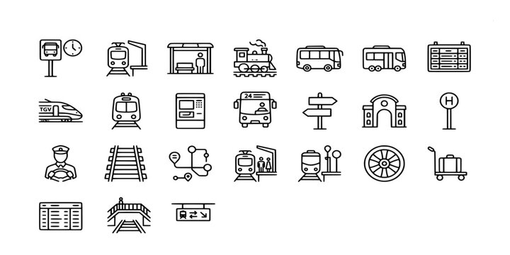 icon liner collection of daily commuter experiences including passengers on trains, waiting at stops, carrying bags, and rushing through city transit.