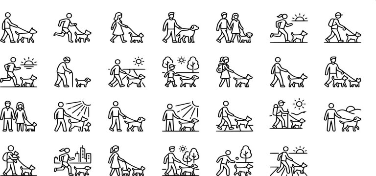 icon liner collection of people walking and running with their dogs in various outdoor settings like parks and city streets.