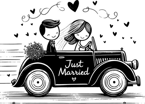 Just Married: A charming illustration portrays a newlywed couple embarking on their journey in a classic car, embraced by symbols of love and happiness. 