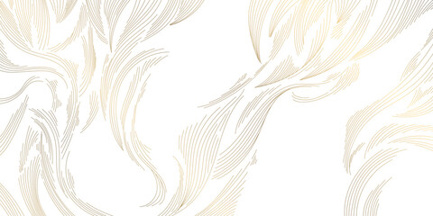 Plakat Modern abstract wave oriental pattern, flowing golden lines on white background, Japanese and Chinese design. Elegant vector illustration, clouds, water flow. Luxury packaging, interior design.
