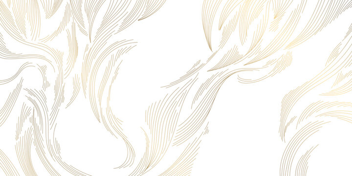 Modern abstract wave oriental pattern, flowing golden lines on white background, Japanese and Chinese design. Elegant vector illustration, clouds, water flow. Luxury packaging, interior design.