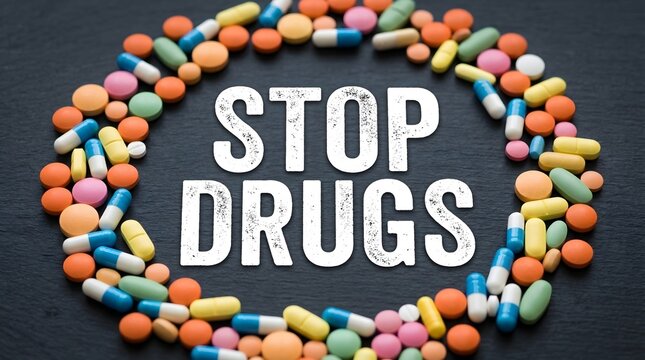 Stop Drugs Text Surrounded by Colorful Pills for Anti Drug Day