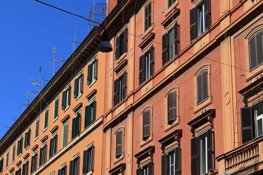 Typical Brown Residential Building Facades in Rome, Prati District, Italy
