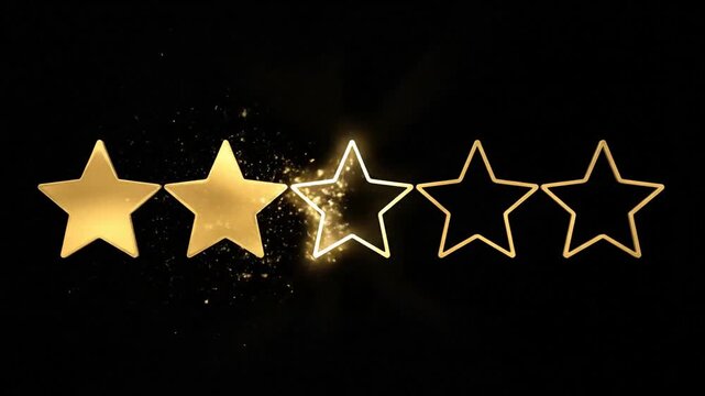 Minimalistic three star rating animation with glowing yellow icons on a deep black background for digital feedback interface evaluation system motion graphic element 4k resolution video.
