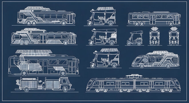Solar Public Transport Blueprint Vector &ndash; Bus Tuk Tuk, Train Multi View, AutoCAD Technical Drawing White Outline on Dark Blue