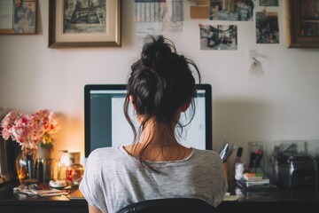 Woman working on a pc computer at home