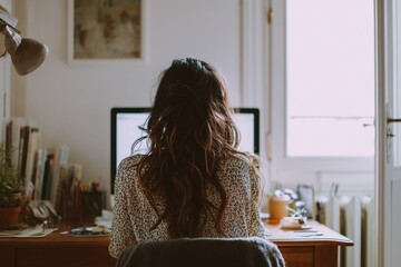 Woman working on a pc computer at home