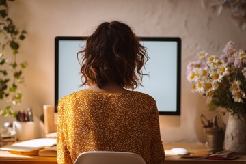 Woman working on a pc computer at home