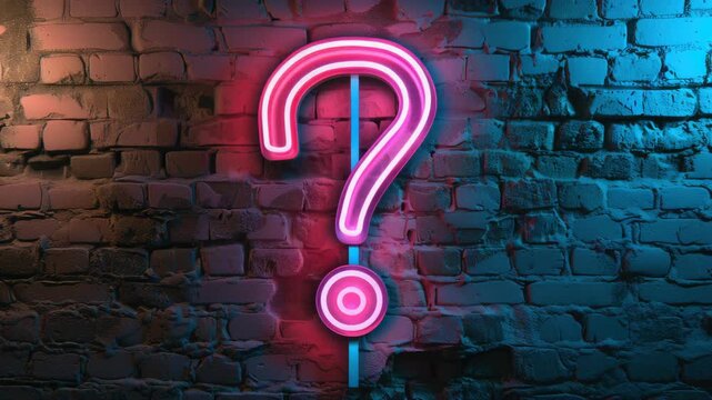 Dark wall with question mark illuminated by blue and purple lights, suggesting intrigue or a riddle.