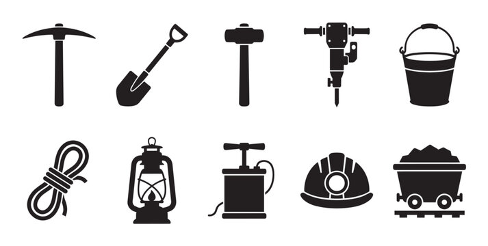 Collection of black silhouette icons representing various mining tools and equipment including a pickaxe shovel hammer jackhammer bucket rope lantern dynamite and cart.