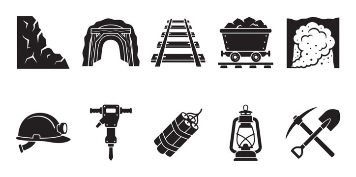 A collection of black and white vector icons representing various mining industry elements, including tools, equipment, and raw materials.