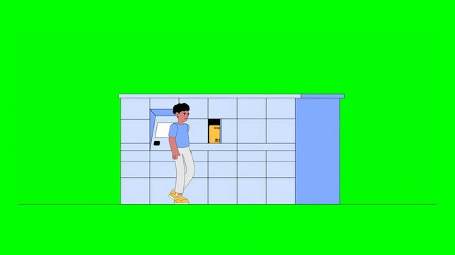 2D Animated Cartoon Boy in Casual Outfit Collecting Order Parcels at QR Locker Pickup Point, Using Smartphone to Scan Code on Green Background.