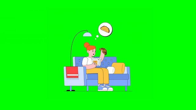2D Animation of Young Girl in Casual Outfit Sitting on Couch in Living Room Expressing Disappointment With Food Order on Green Background.