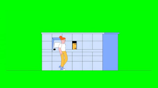 2D Illustration of Girl in Casual Outfit Collecting Order Parcels at QR Locker Pickup Point, Using Smartphone to Scan Code on Green Background.