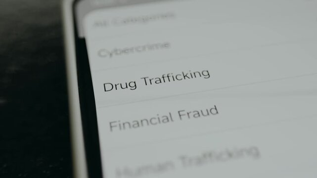 Crime categories list from criminal police database, including cybercrime, drug trafficking, financial fraud, human trafficking