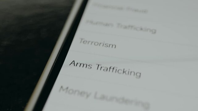 Digital crime record system displaying crime categories, including terrorism, arms trafficking