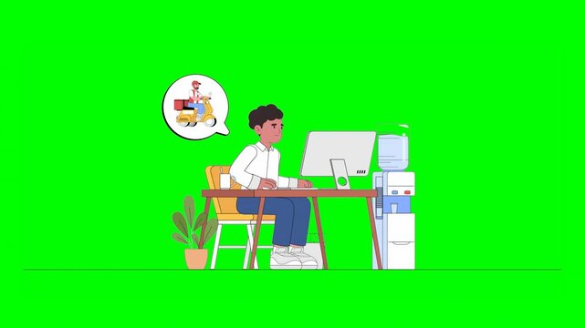 2D Cartoon Male Office Worker Sitting at Desk With Computer, Eagerly Waiting for Food Delivery With Delivering Man Driving Moped Over His Head on Green Background.