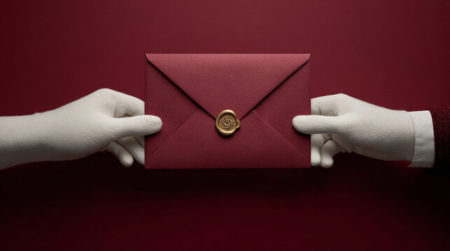Manos con guantes blancos entregando sobre rojo sellado con lacre sobre fondo rojo minimalista