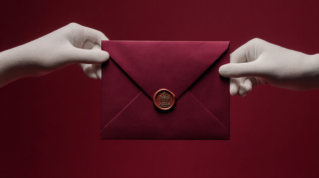 Manos con guantes blancos sosteniendo sobre rojo sellado con lacre sobre fondo rojo elegante minimalista