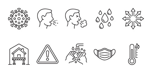 Fototapeta premium A clean, minimalist collection of line art icons depicting coronavirus, sneezing, germ spread, hand washing, medical mask, and fever thermometer.
