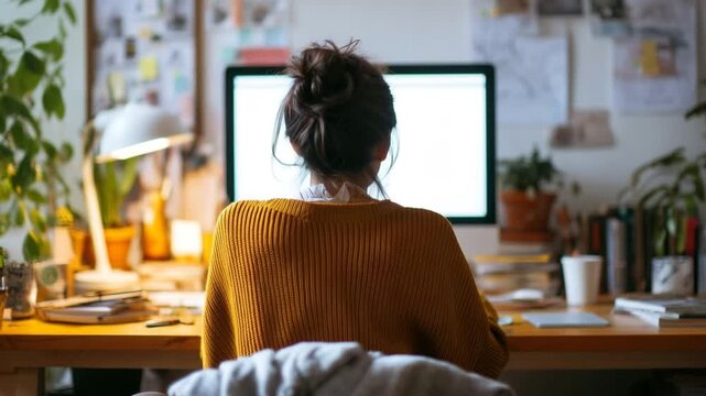 Woman working on a pc computer at home