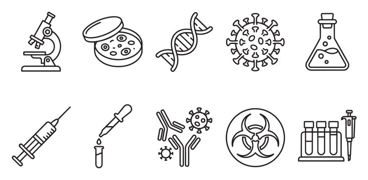 A collection of black line art icons representing science and medical research, including a microscope, petri dish, DNA, virus, flask, syringe, pipette, antibodies, biohazard symbol, and test tubes.