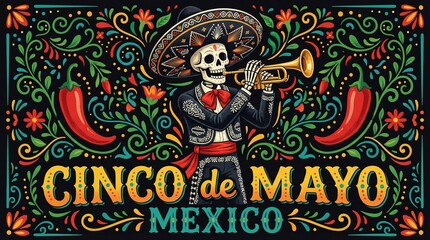 Fototapeta premium Cinco de Mayo Celebration Vector with Skeleton Playing Trumpet, Mariachi Calavera in Traditional Charro Suit with Floral Ornaments and Red Chili Peppers