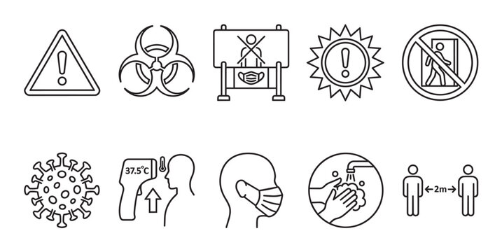 A collection of line art icons illustrating safety measures and warnings related to the coronavirus pandemic, including social distancing and hygiene.