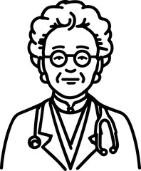 Obraz premium Hand Drawn Elderly Female Doctor Black and White Illustration in Minimal Line Art Style Design
