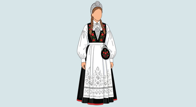 Traditional Norwegian Folk Costume Bunad Illustration