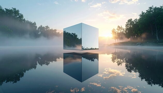 Mysterious Mirrored Cube Floating on Misty Lake at Sunrise.
