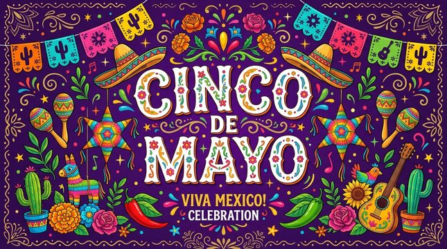 Cinco de Mayo 2026 Celebration Vector Illustration with Festive Pi&ntilde;ata, Sombrero, Cactus, and Maracas on Purple Background for Mexican Holiday Party Poster and Banner