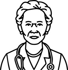 Obraz premium Hand Drawn Elderly Female Doctor Black and White Illustration in Minimal Line Art Style Design