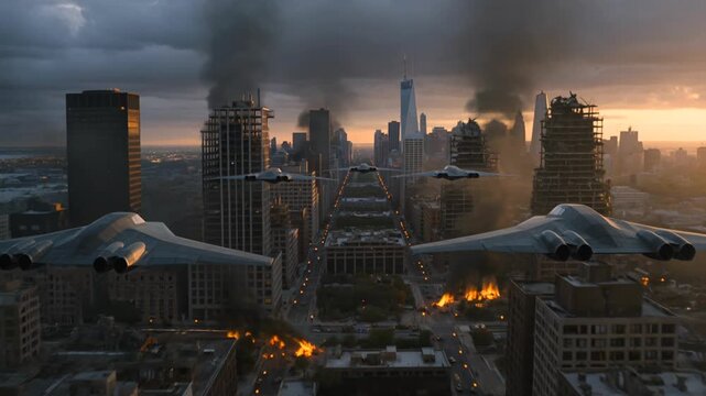 Apocalyptic Cityscape Under Attack - Stealth Bombers Fly Over a War-Torn Metropolis at Sunset.