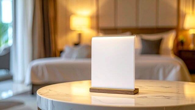 Blank Acrylic Sign Holder Mockup on Marble Table in Luxury Hotel Room