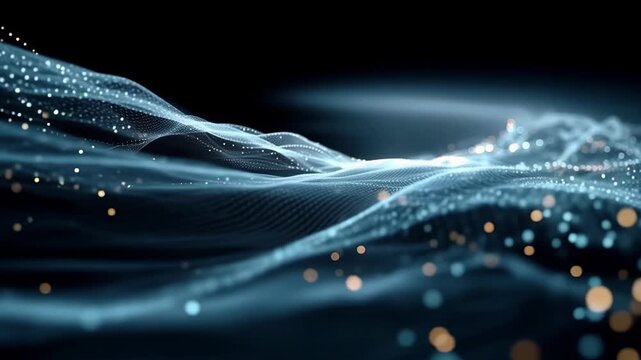 Abstract technology particle stream background, blue neural network data wave, AI and big data concept loop, glowing dots and lines dynamic mesh, modern digital space aesthetic for corporate tech pres