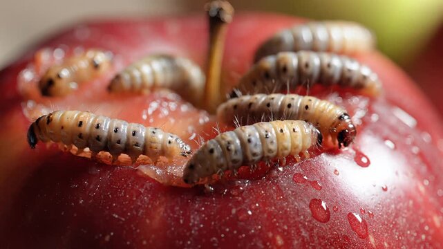 Closeup of apple worms eating a red apple macro shot.