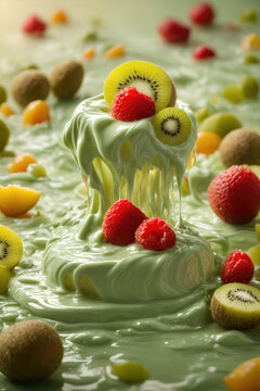 A succulent kiwi slice nosedives into a surge of flowing cream, the liquid wrapping around the fruit in a luscious cascade.